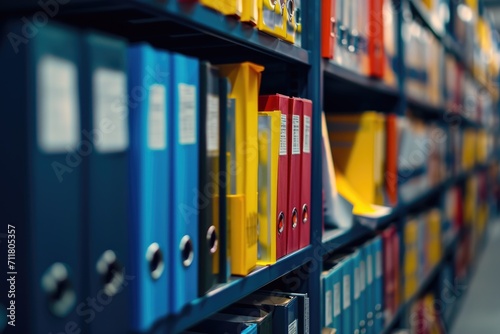 Colorful file binders on office shelves