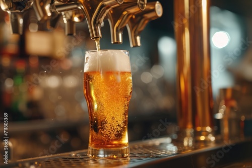 Cold beer getting poured from tap in bar