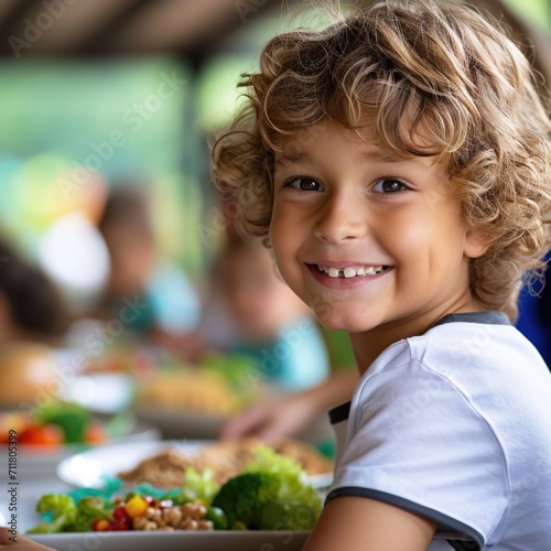 Smiling young male elementary school student having lunch break photo