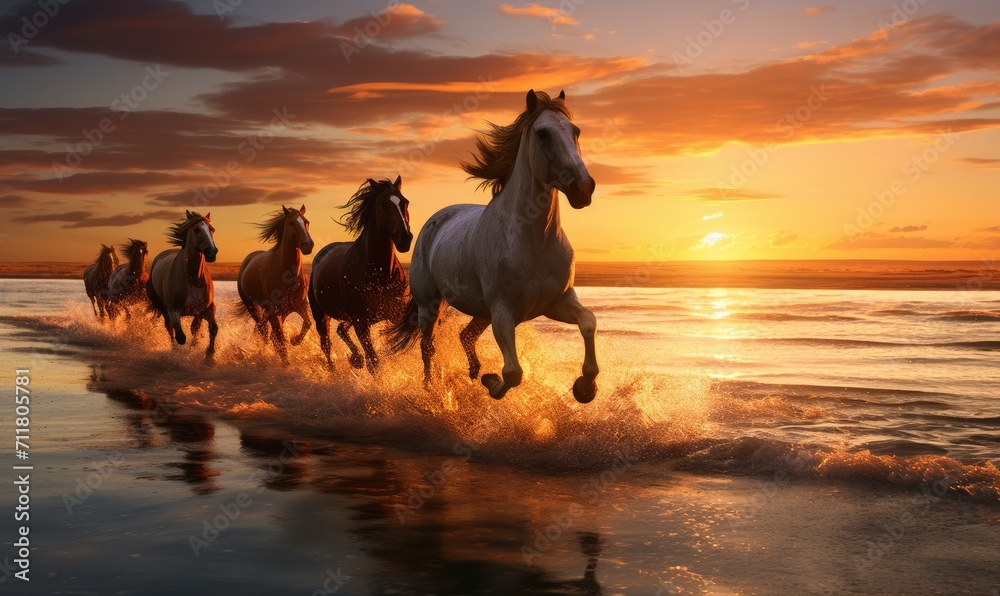 Horses running on the beach at amazing sunset.