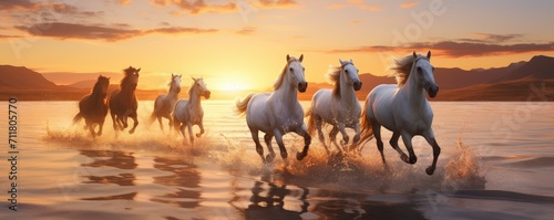Horses running on the beach at amazing sunset.