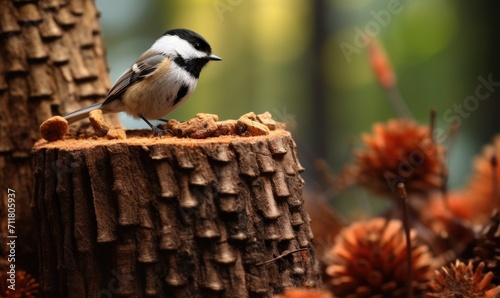 Beautiful chickadee bird on amazing stump. © Filip