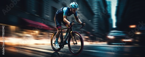 Amazing shot of racing road cyclist with city buildings blur. photo
