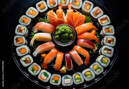 A plate of sushi with different types of sushi. Generative AI.
