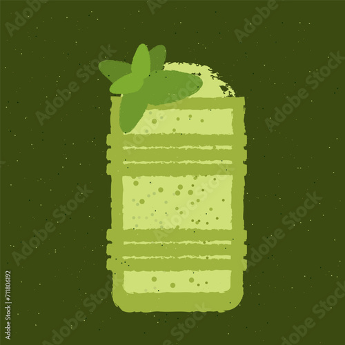 Tumbler glass. Cocktail drink with mint and cream. Soft alcoholic carbonated liquid for event and party. Smoothie green for health. Alcoholic beverage for bar. Flat vector illustration with texture