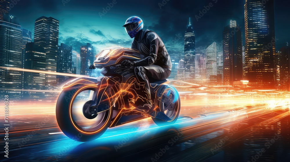 Cyclist riding a fast motorbike on the road with motion blur