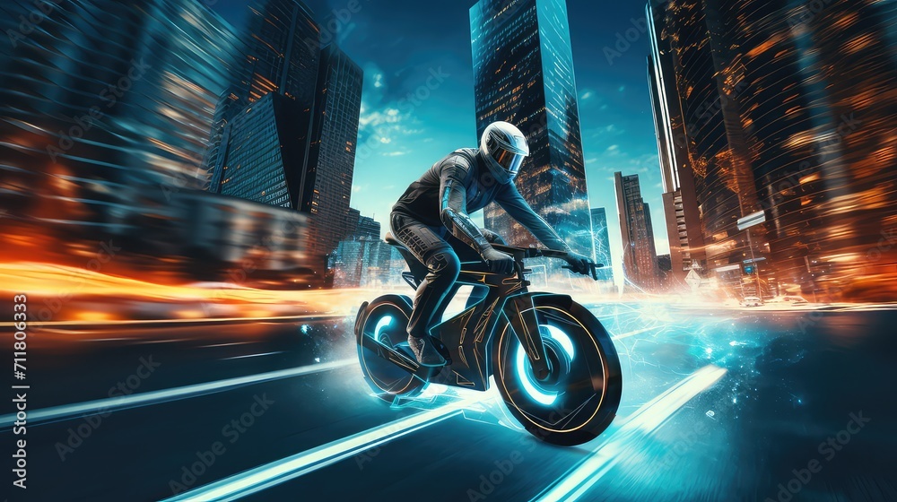 Cyclist riding on the road at night with motion blur background