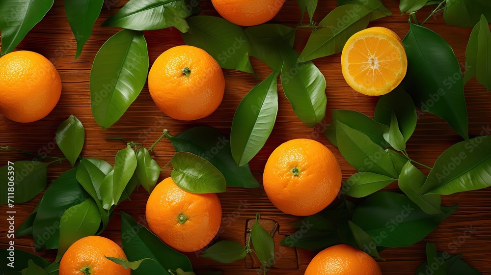creative arrangement of whole and sliced tangerines, citrus fruit, and leaves