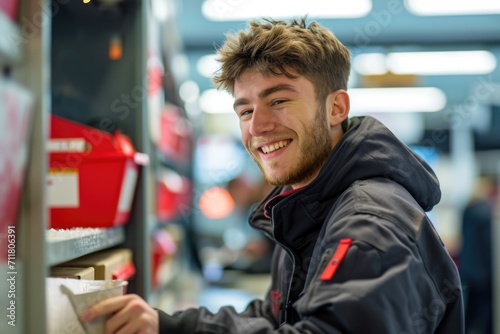 Smiling young male postman in post office