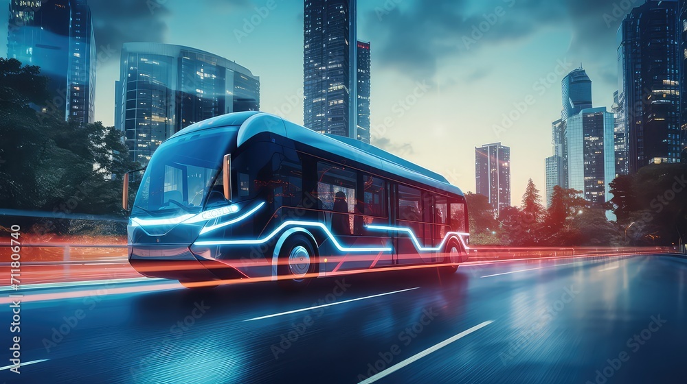 Bus on the road with high speed motion blur and modern city background