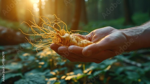 Hand Holding Fresh Ginseng Root Against a Serene Forest Background, Symbol of Vitality, Nature adaptogen photo