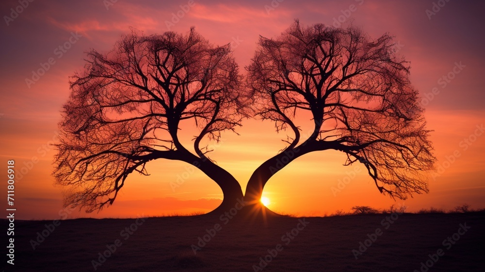 A romantic sunset silhouette of two entwined trees forming a heart shape, providing an open space for text overlay against the warm evening sky - Generative AI