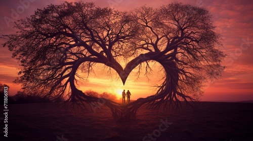 A romantic sunset silhouette of two entwined trees forming a heart shape  providing an open space for text overlay against the warm evening sky - Generative AI