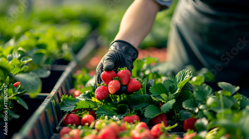 Nature's Bounty: A gloved hand gathers ripe strawberries, highlighting sustainable fruit picking