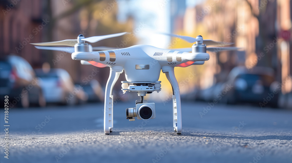Fototapeta premium Modern camera drone ready for takeoff on an urban street