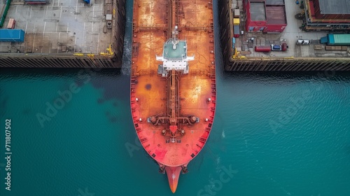 Aerial view of a large red cargo ship docked at industrial port