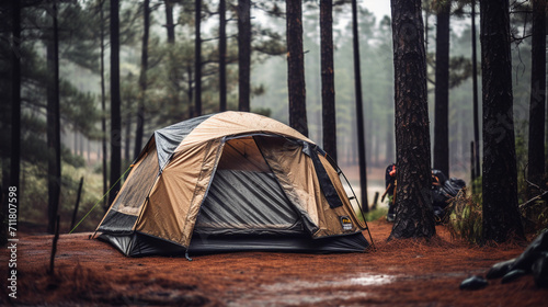 Portrait of camping waterproof tent in wet rainy day, pitched in a forest
