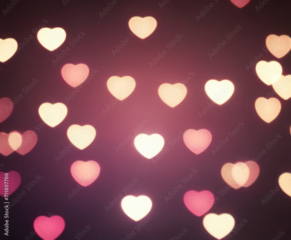 Pink blurred abstract background with cute bokeh hearts.