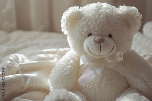 Big white teddy bear adorned with a ribbon a delightful children's toy for big girls its endearing charm and timeless elegance showcased in high-definition detail
