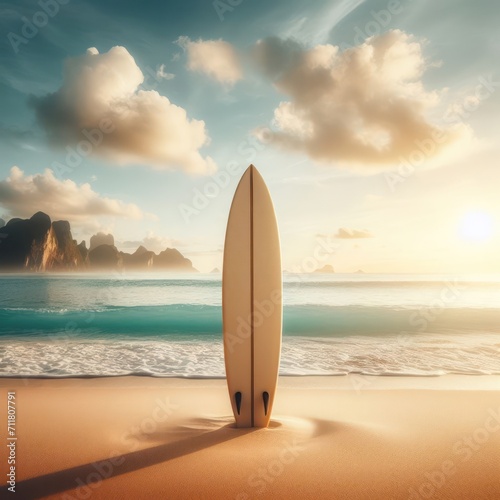 Surfboard on the beach, with the sea in the background. © Andbiz