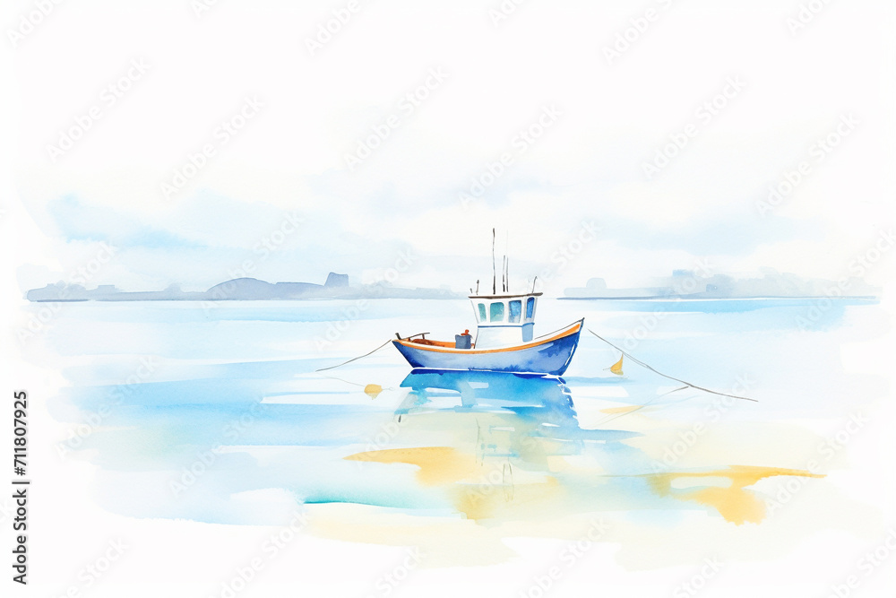 You Boat, impressionist seascape , cartoon drawing, water color style, AI Generated