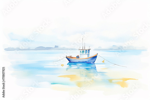 You Boat, impressionist seascape , cartoon drawing, water color style, AI Generated © Watercolorbackground