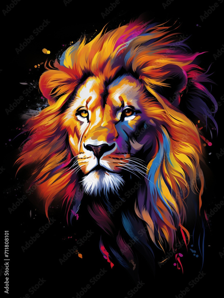 T-shirt design, a portrait of a majestic lion with a mane of swirling created with Generative Ai