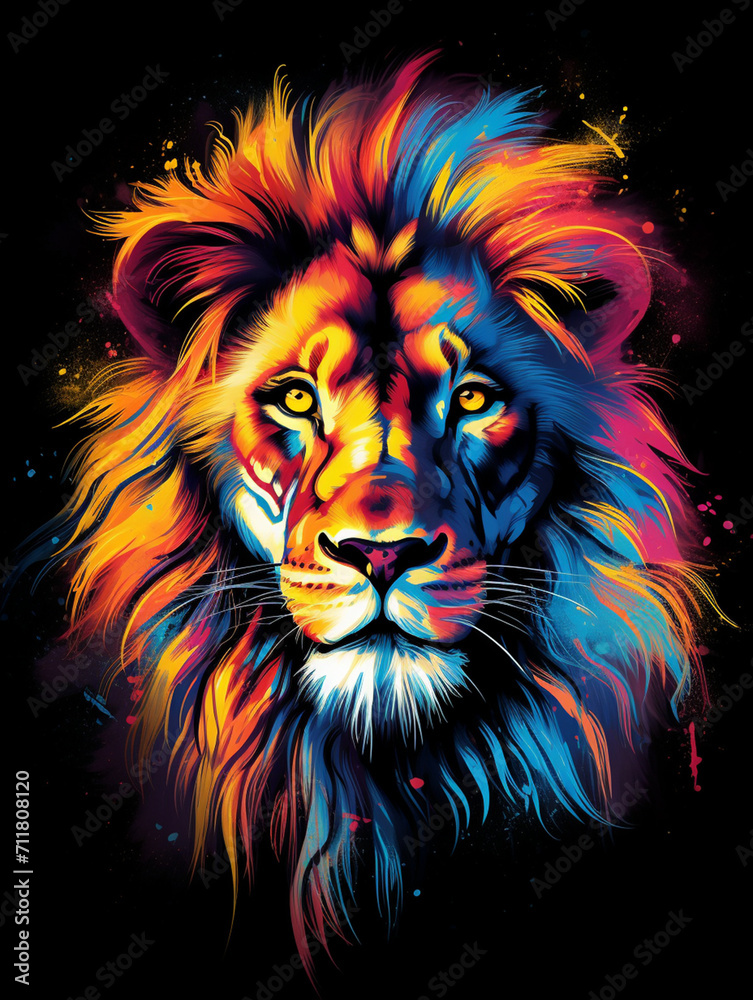 T-shirt design, a portrait of a majestic lion with a mane of swirling created with Generative Ai
