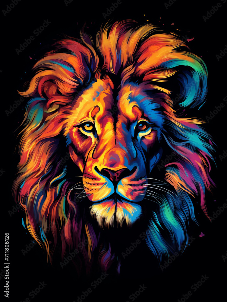 T-shirt design, a portrait of a majestic lion with a mane of swirling created with Generative Ai