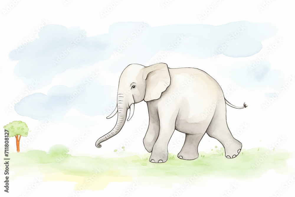 Elephant, grand scale , cartoon drawing, water color style, AI Generated