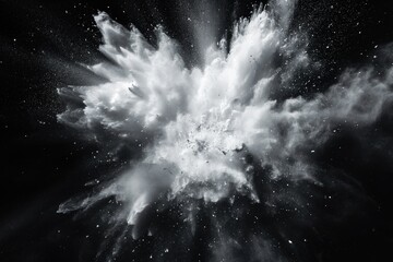 white powder explosion isolated on black background. white dust particles splash. Color Holi Festival. Burst of colors series. Vibrant contrast. Celebration and creativity concept background texture 2