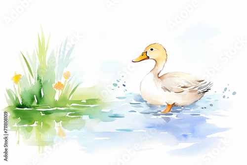 Duck, watercolor pond , cartoon drawing, water color style, AI Generated