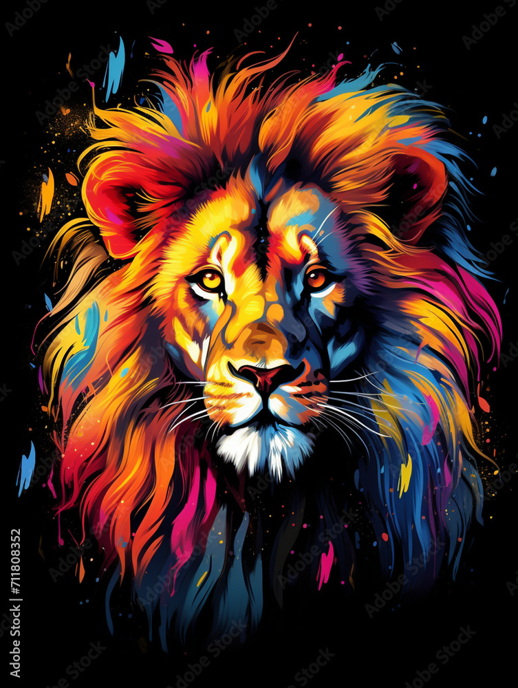 T-shirt design, a portrait of a majestic lion with a mane of swirling created with Generative Ai