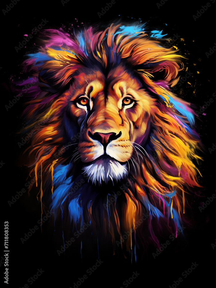 T-shirt design, a portrait of a majestic lion with a mane of swirling created with Generative Ai