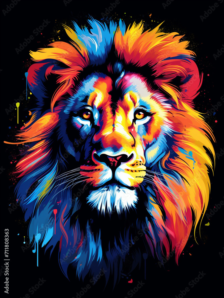 T-shirt design, a portrait of a majestic lion with a mane of swirling created with Generative Ai