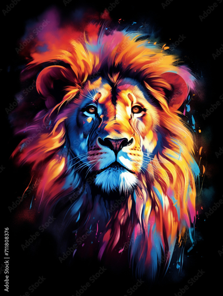 T-shirt design, a portrait of a majestic lion with a mane of swirling created with Generative Ai