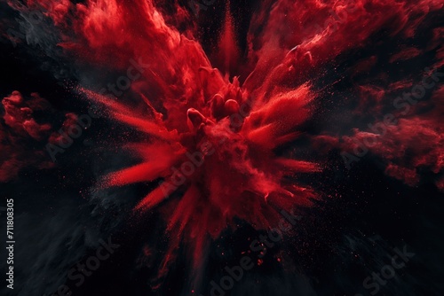 red powder explosion isolated on black background. red dust particles splash. Color Holi Festival. Burst of colors series. Vibrant contrast. Celebration and creativity concept background texture 1