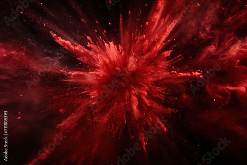 red powder explosion isolated on black background. red dust particles splash. Color Holi Festival. Burst of colors series. Vibrant contrast. Celebration and creativity concept background texture 2 photo