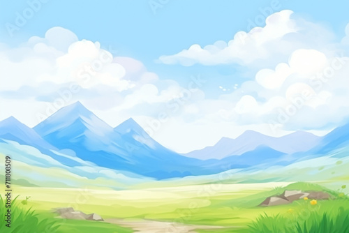 Mountain, landscape oil painting , cartoon drawing, water color style, AI Generated