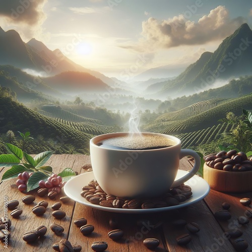xícara de café, com grãos de café ao redor, com fundo de plantação de café, com fundo  verde,  renderização 3D, imagem realista photo