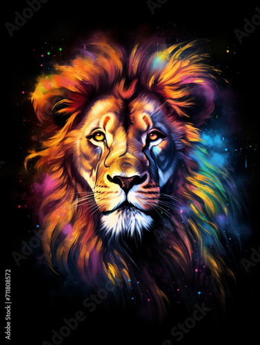 T-shirt design, a portrait of a majestic lion with a mane of swirling created with Generative Ai © Andrii Yablonskyi