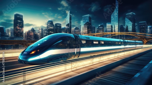 High speed train in the city with motion blur. Concept of fast travel.
