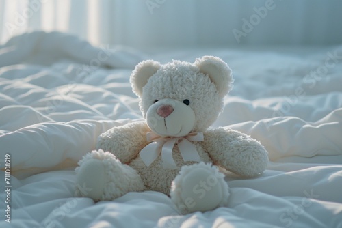 Big white teddy bear with a bow around its neck a lovable children's toy for big girls exuding charm and sweetness captured in exquisite detail with a high-definition camera