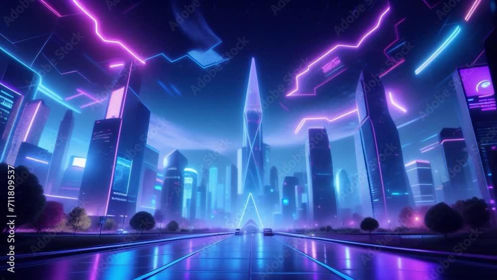 Bright neon cyberpunk city at night. Loopable. AI generated