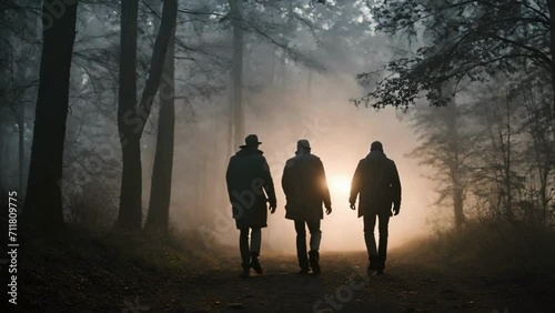 Three Men Walking In The Night Foggy Forest With Flashlights. Detectives Searching photo