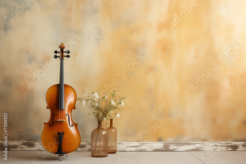 Retro old cello in wall pastel colors background_2 photo