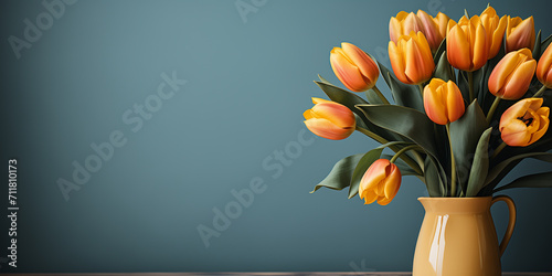 Yellow tulip flower bouquet on blue background. Floral wallpaper, banner. February 14, valentine's day, love, 8 march women's day theme.	
 #711810173