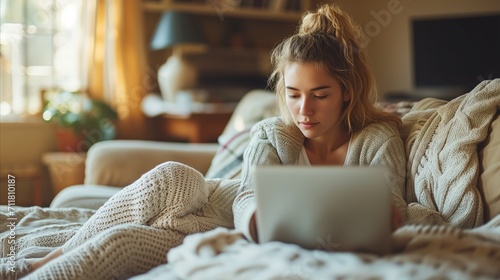 Young woman working on laptop in a cozy home environment photo