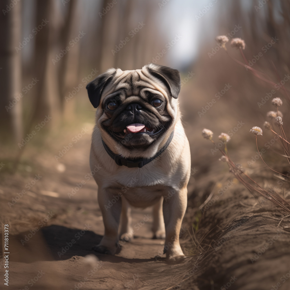Bulldog Enjoying a Leisurely Stroll in the Park During Early Spring.