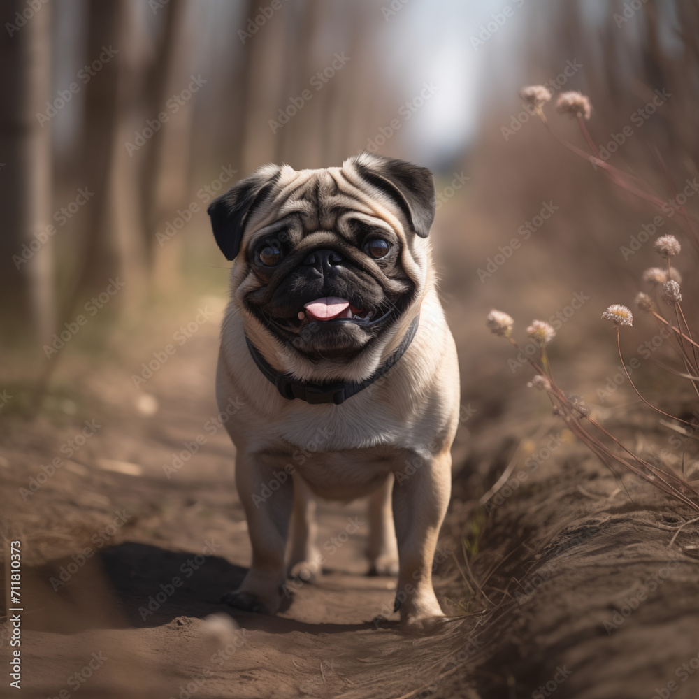 Pug dog standing on dirt path in countryside landscape